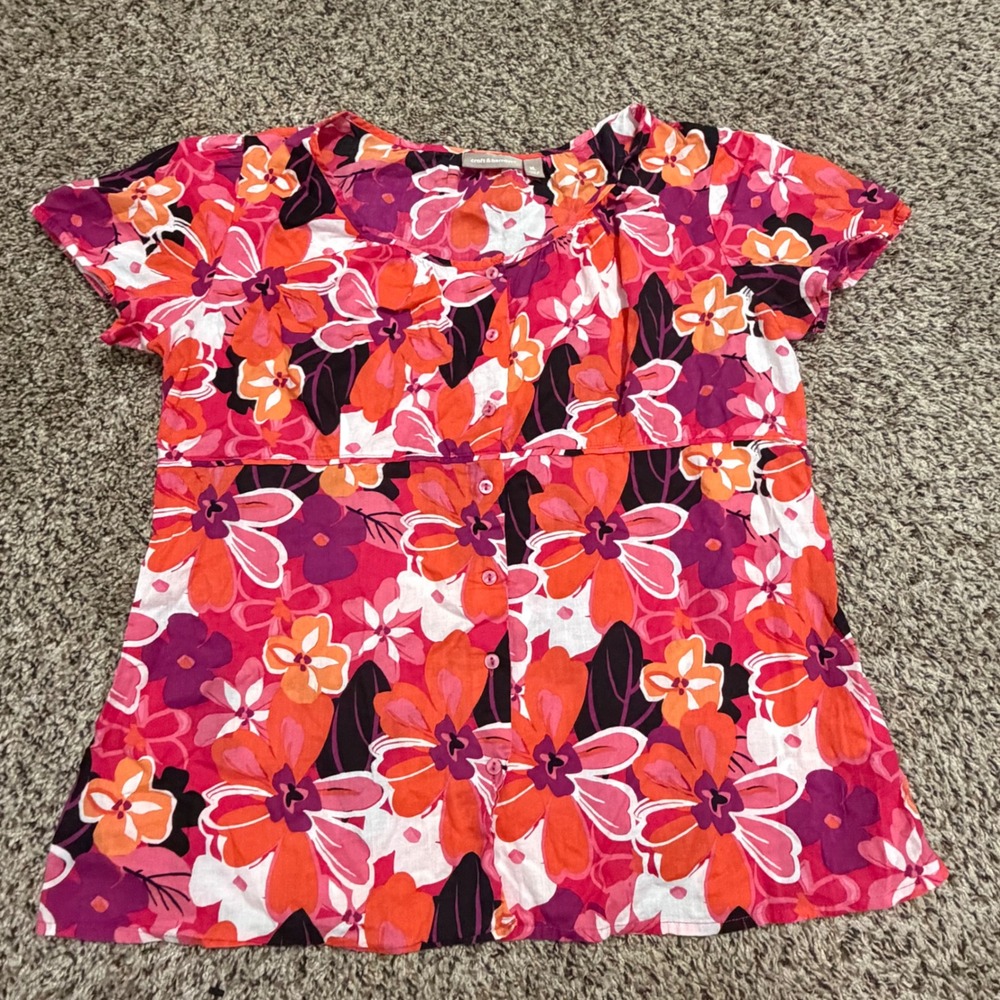 Croft & Barrow Womens XL Pink Orange Floral Cotton Button Front Empire Blouse